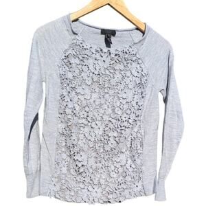 J. Crew Preppy Merino Wool Coquette M Grey Gray Sweater Floral Lace Girly Cozy